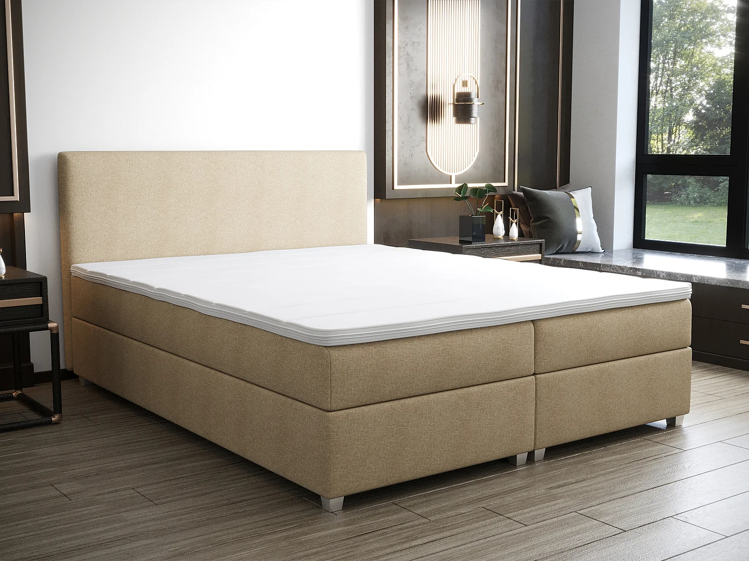 Complete set met boxspring en hoofdbord + bedbodem + matras + topmatras - 140 x 200 cm - Stof - Beige - ONAN van YSMÉE