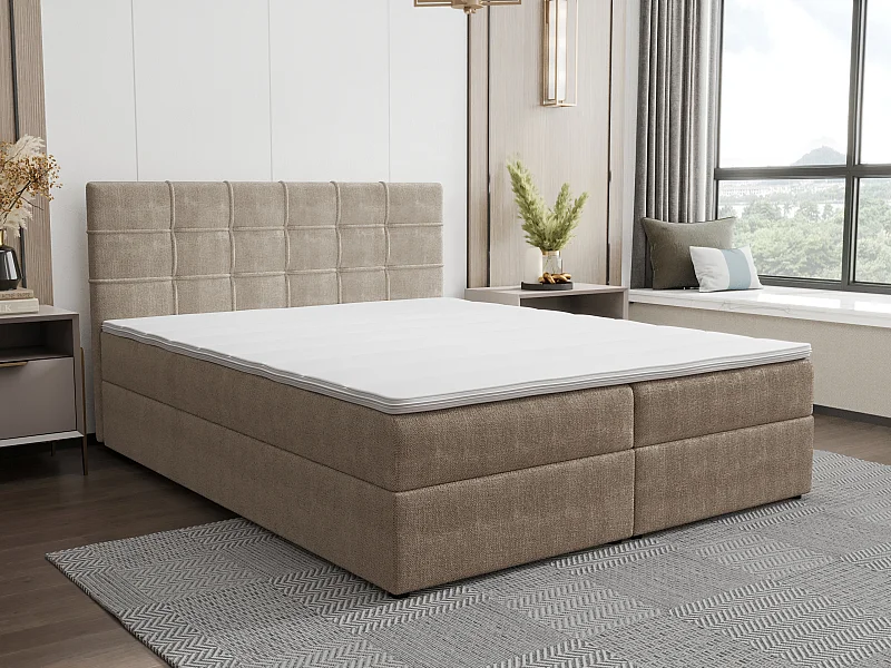 Conjunto completo cama decorativa cabeceira estofada + sommier com espaço de arrumação + colchão + sobrecolchão 160x200 tecido taupe - KIDA da YSMÉE
