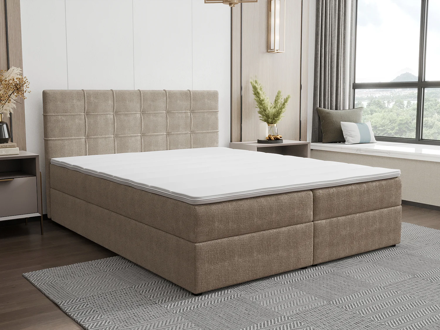 Ensemble complet literie déco tête de lit capitonnée + sommiers coffre + matelas + surmatelas - 160 x 200 cm - Tissu - Taupe - KIDA de YSMÉE
