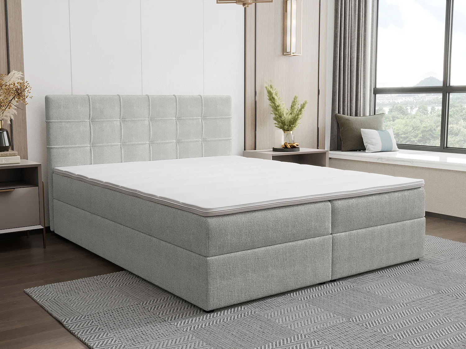 Zestaw ozdobne łóżko z pikowanym zagłówkiem + stelaż ze skrzynią + materac + nakładka na materac - 160 x 200 cm - Tkanina - Jasnoszary - KIDA marki YSMÉE
