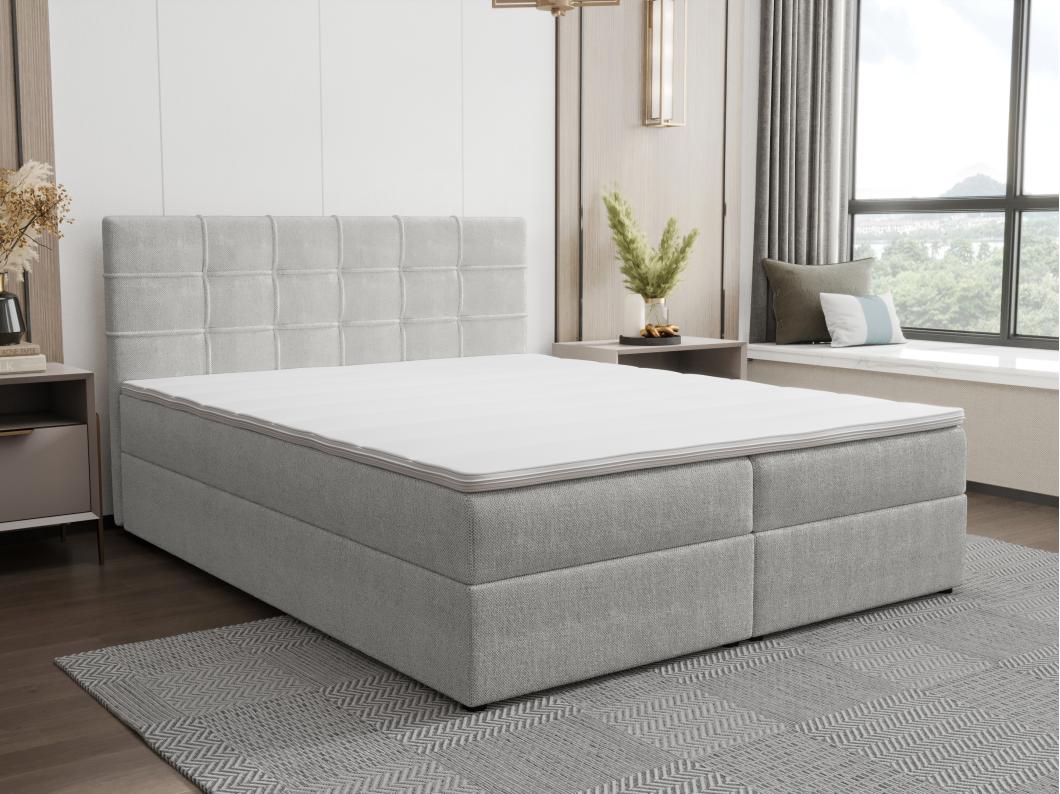Ensemble complet literie déco tête de lit capitonnée + sommiers coffre + matelas + surmatelas - 180 x 200 cm - Tissu - Gris clair - KIDA de YSMÉE