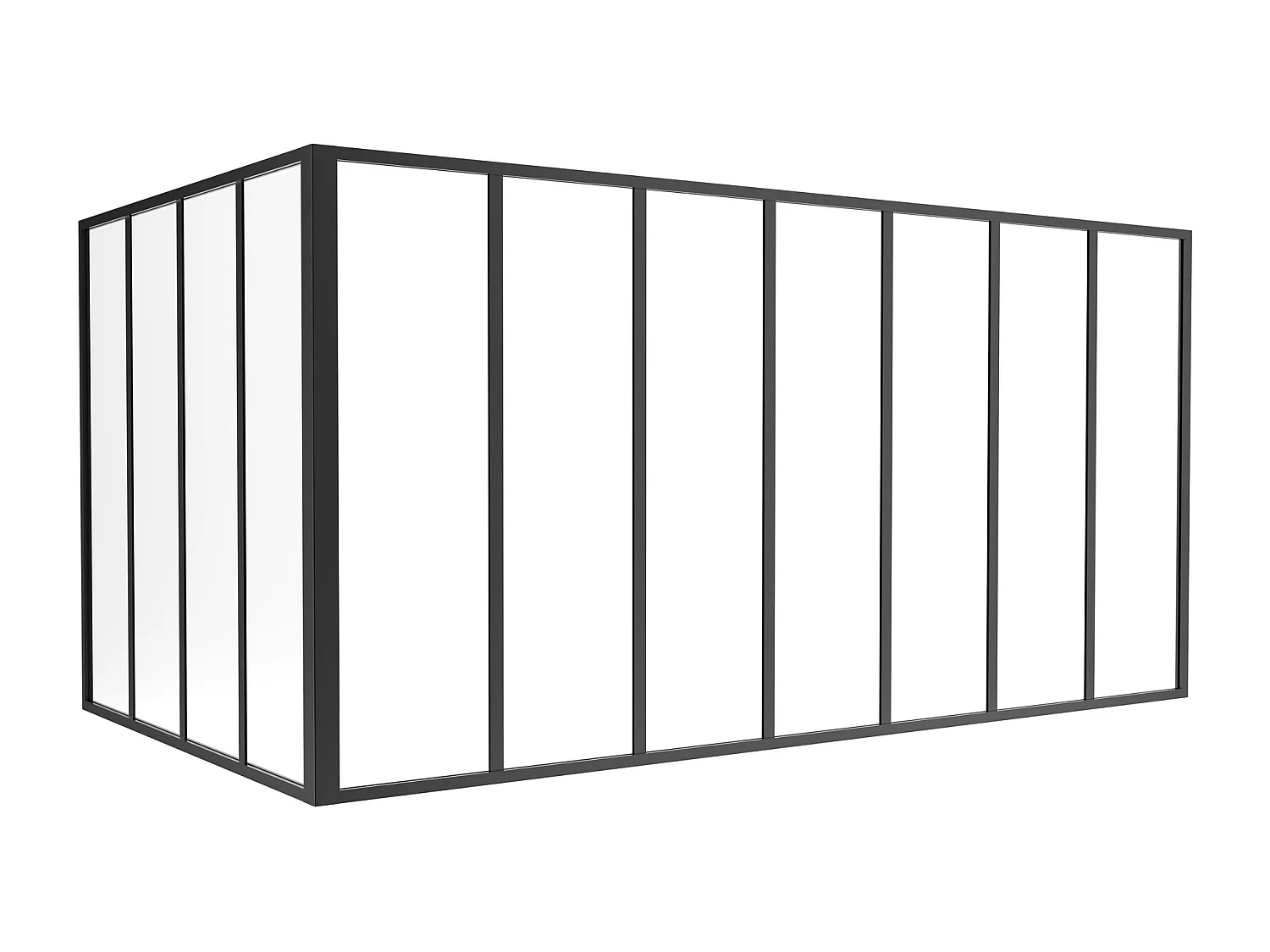 Glazen hoekbinnenraam van gepoedercoat aluminium – L210 x L120 x H105 – Zwart – BAYVIEW