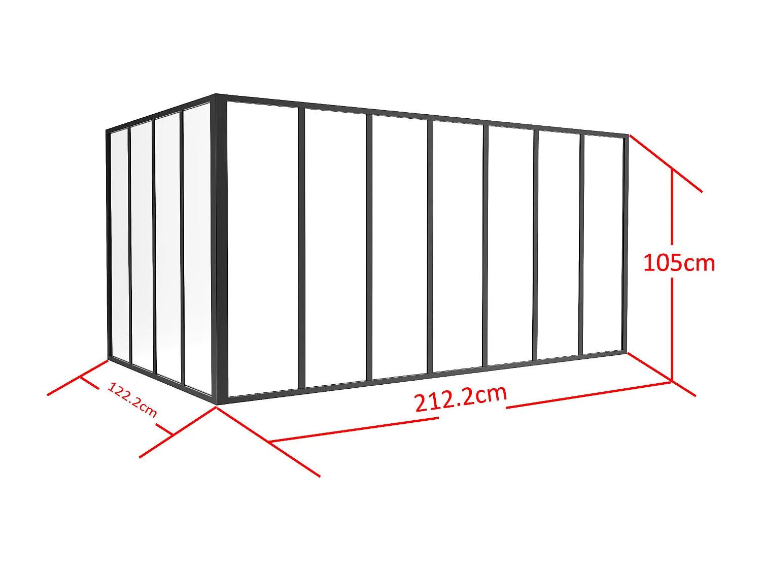 Glazen hoekbinnenraam van gepoedercoat aluminium – L210 x L120 x H105 – Zwart – BAYVIEW