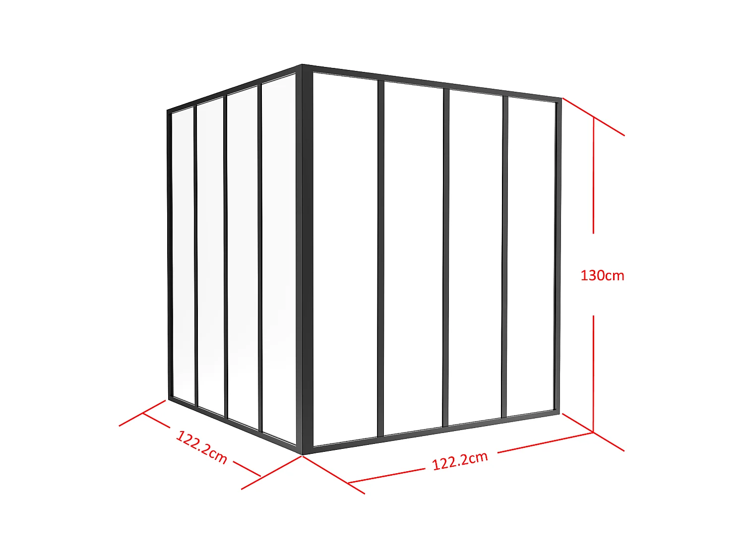 Glazen hoekbinnenraam van gepoedercoat aluminium – L120 x L120 x H130 – Zwart – BAYVIEW