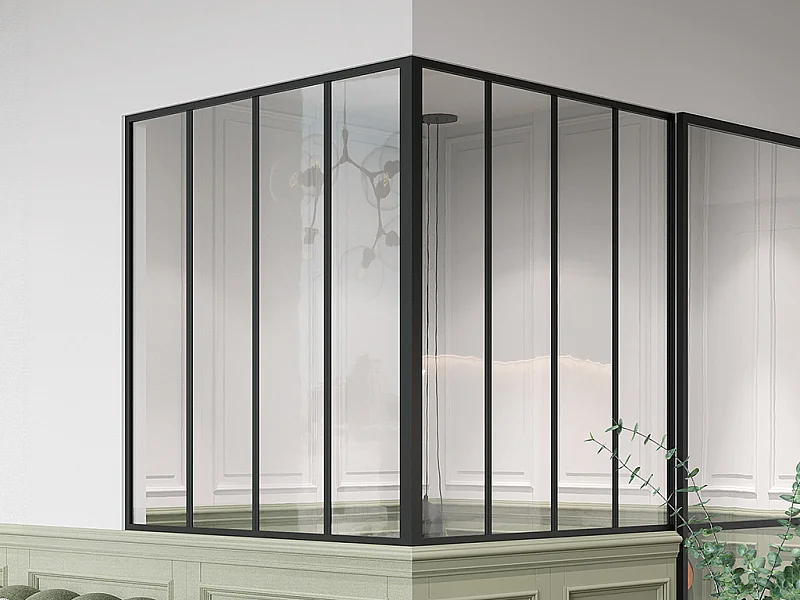 Glazen hoekbinnenraam van gepoedercoat aluminium – L120 x L120 x H130 – Zwart – BAYVIEW