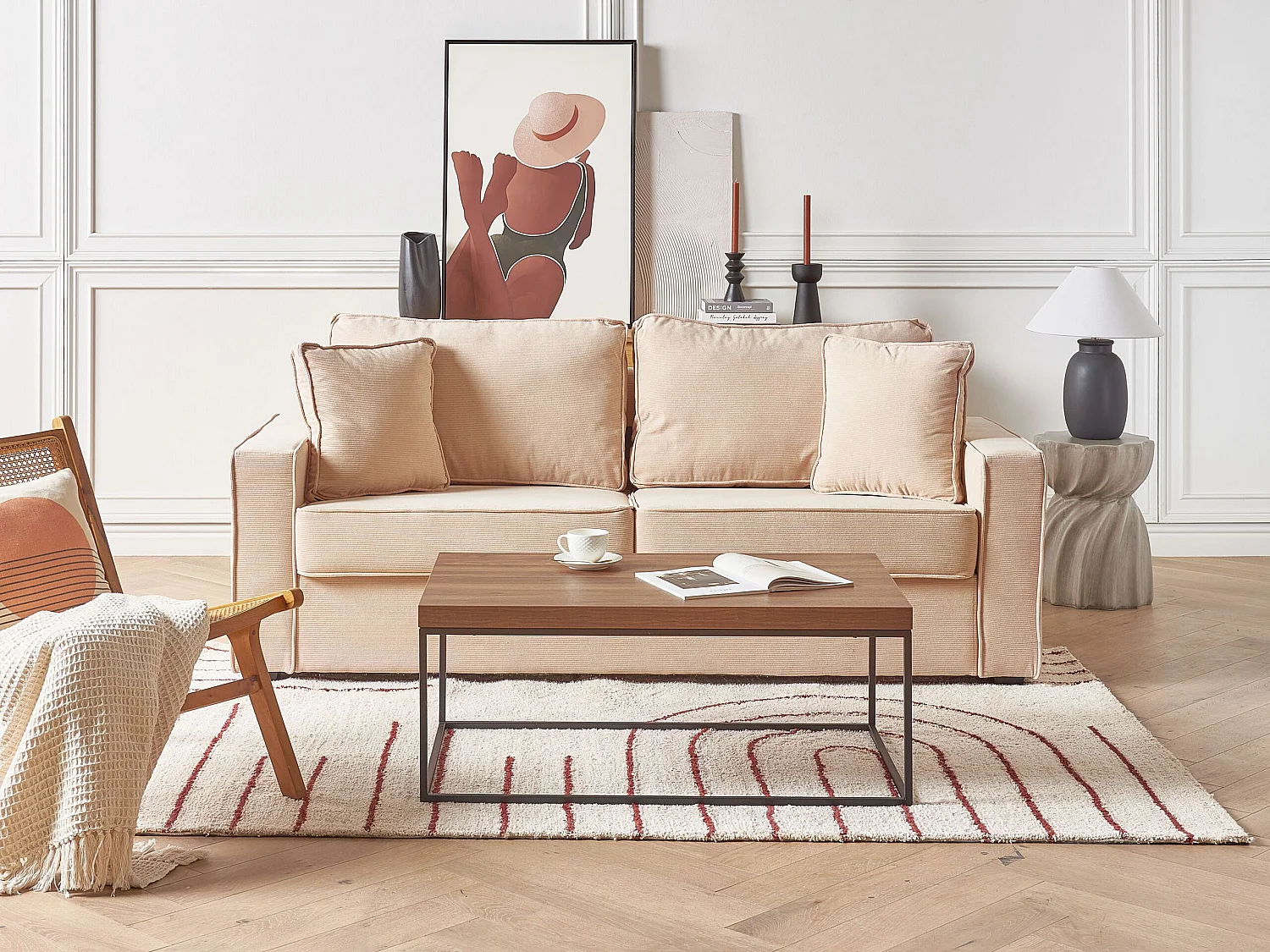 Dreisitzer Sofa beige Cord mit Kissen Armlehnen freistehend modern Falun