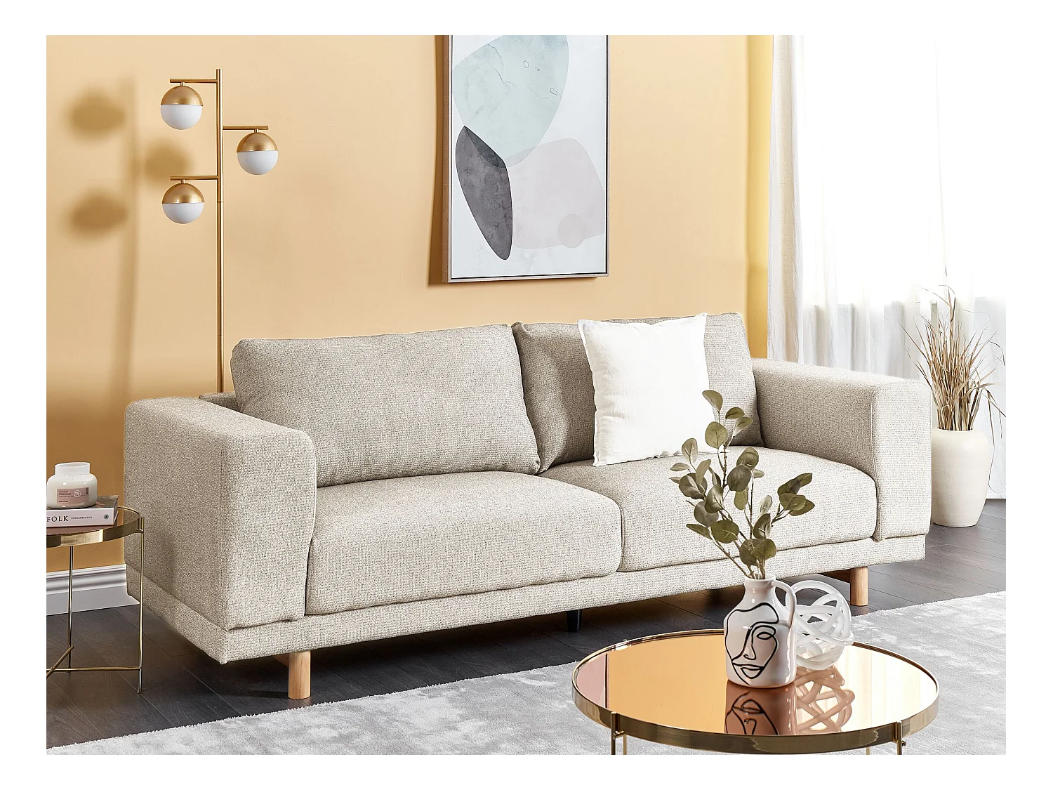 3-Sitzer Sofa Stoffbezug beige mit Holzbeinen 220 cm lang modern skandi Nivala