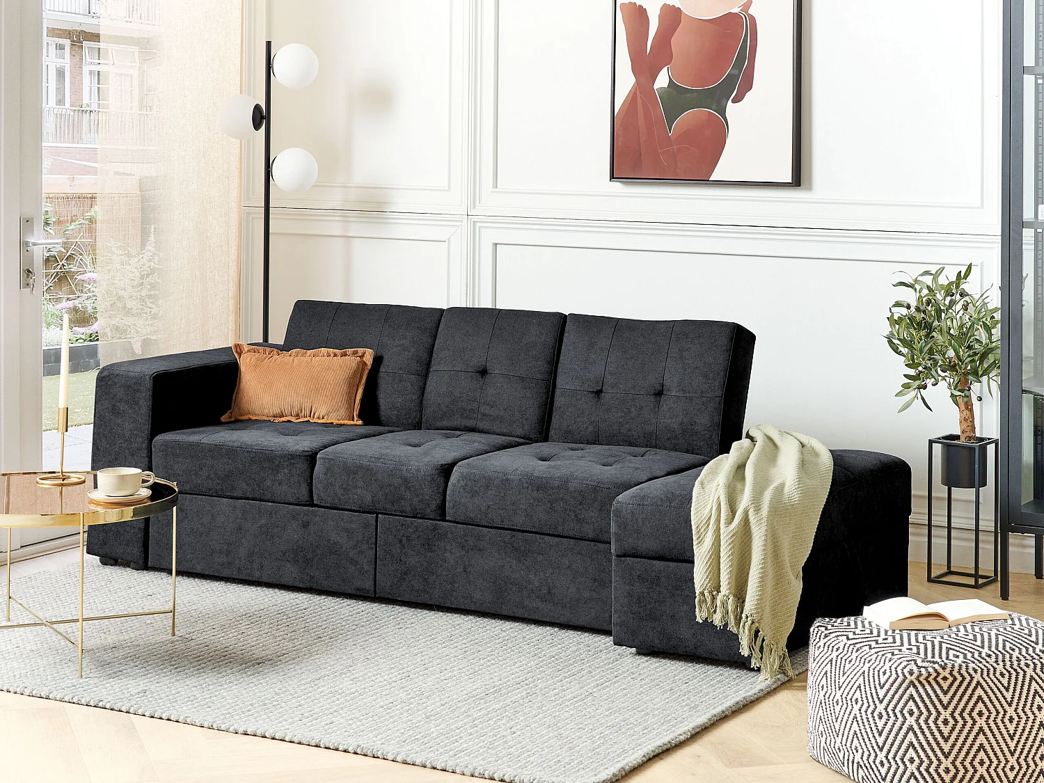 Schlafsofa FALSTER Stoff Schwarz mit Stauraum 3-Sitzer