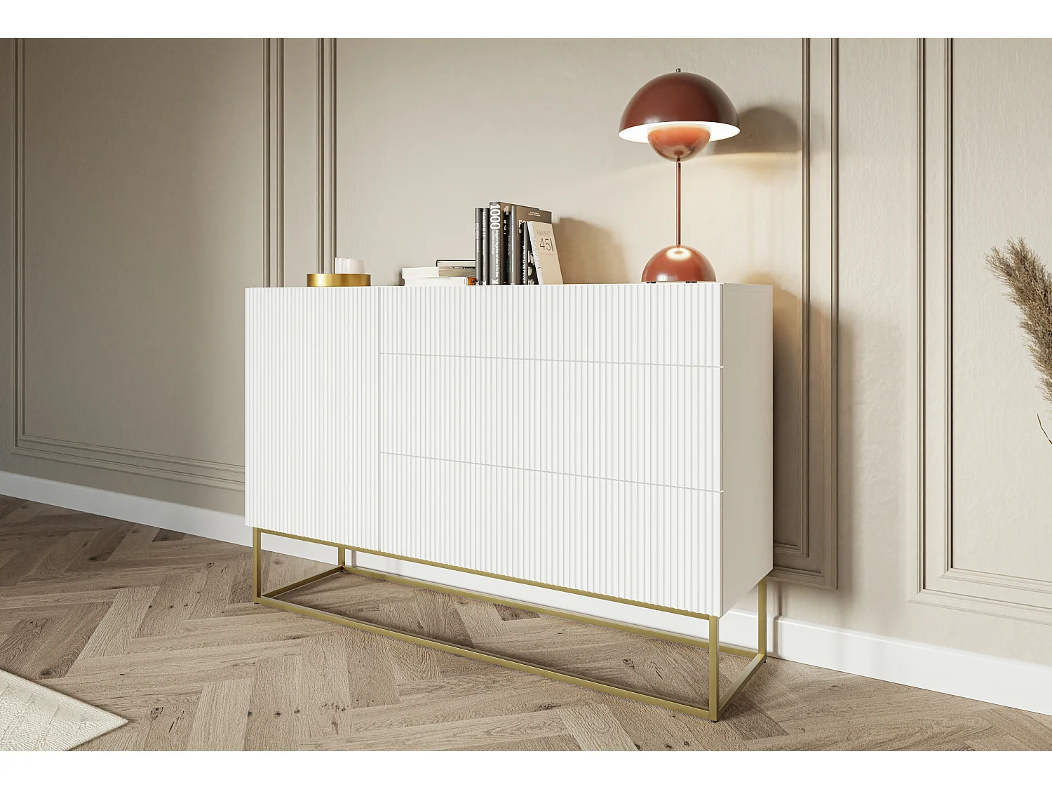 Sideboard Kombikommode mit 3 Schubladen - 140 cm - weiß mit goldenem Metallgestell - VELDIO
