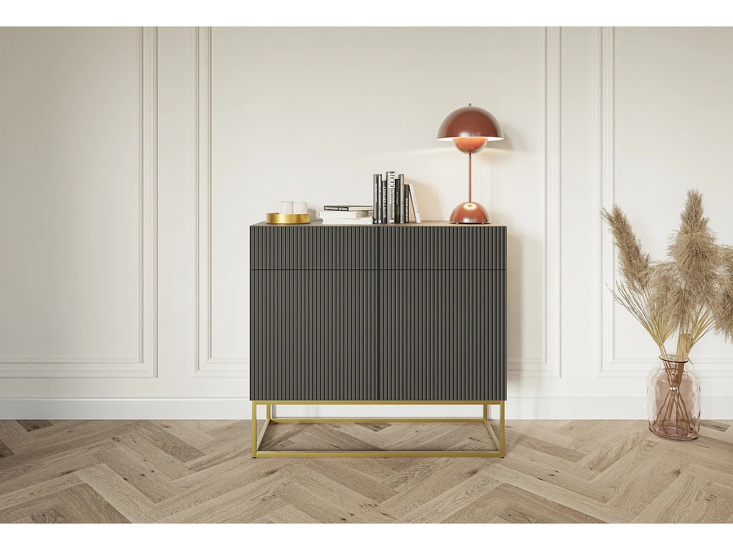 Sideboard 2-türig mit 2 Schubladen - 100 cm - schwarz mit goldenem Metallgestell - VELDIO