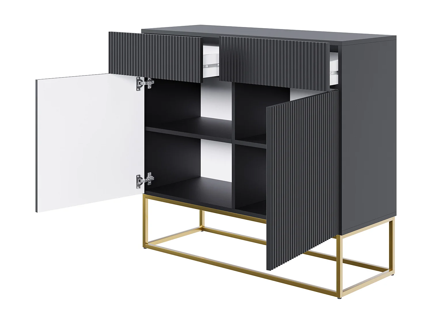 Sideboard 2-türig mit 2 Schubladen - 100 cm - schwarz mit goldenem Metallgestell - VELDIO