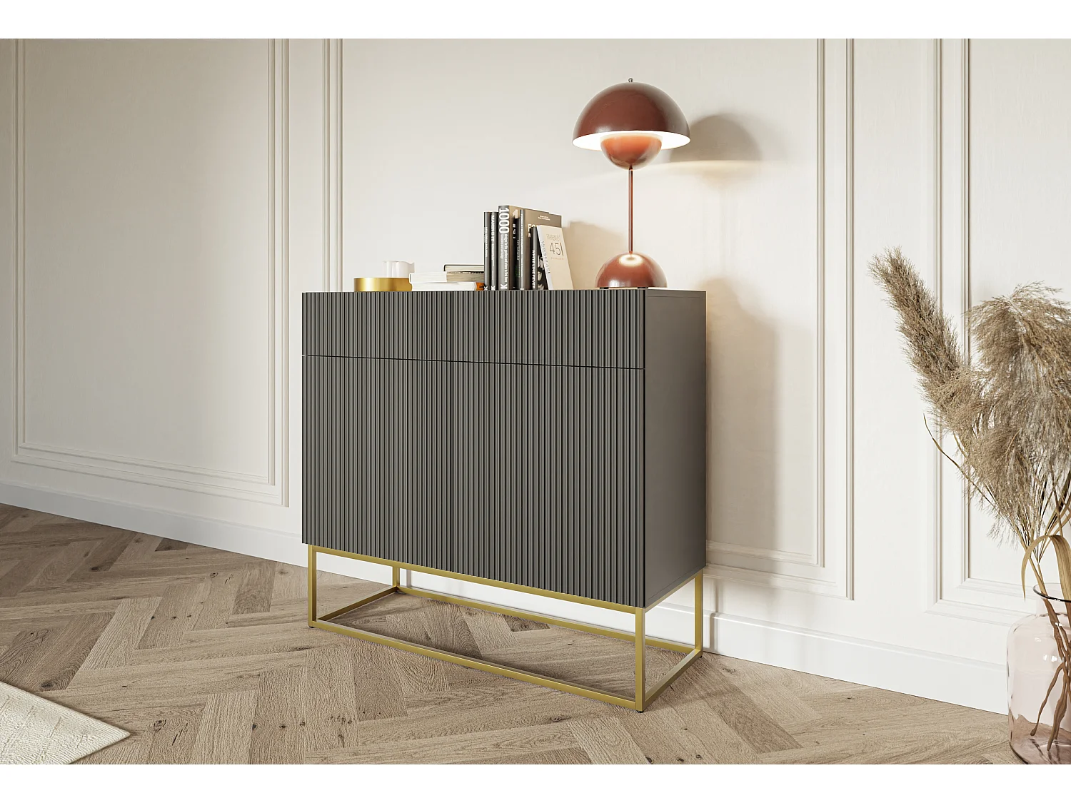 Sideboard 2-türig mit 2 Schubladen - 100 cm - schwarz mit goldenem Metallgestell - VELDIO