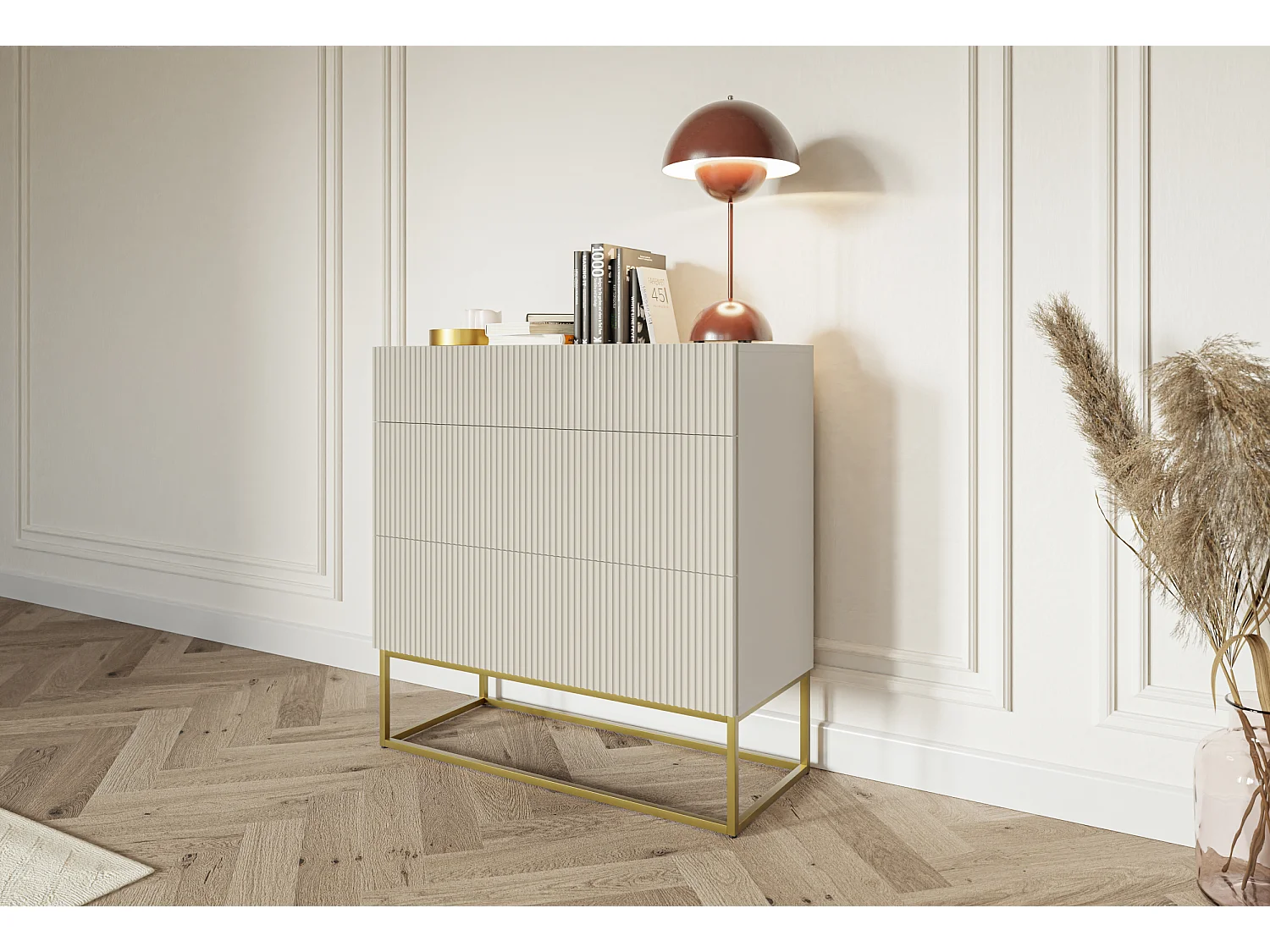 Kommode  mit 3 Schubladen - 90 cm - Taupe (Graubeige) mit goldenem Metallgestell - VELDIO