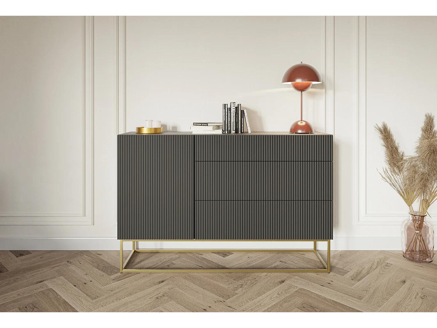Buffet 1 porte - 3 tiroirs - noir - 140 cm - VELDIO