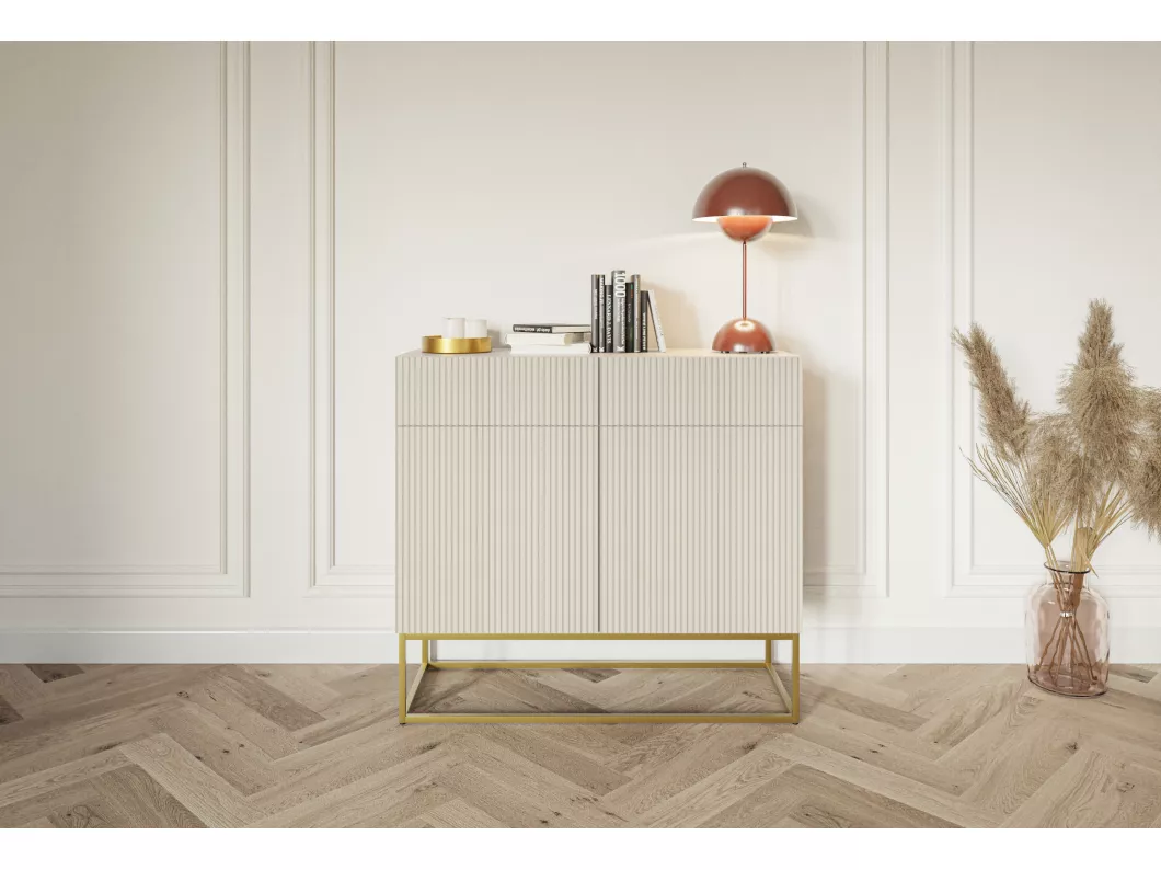 Kauf Unique Sideboard 2-türig mit 2 Schubladen - 100 cm - Taupe (Graubeige) mit goldenem Metallgestell - VELDIO