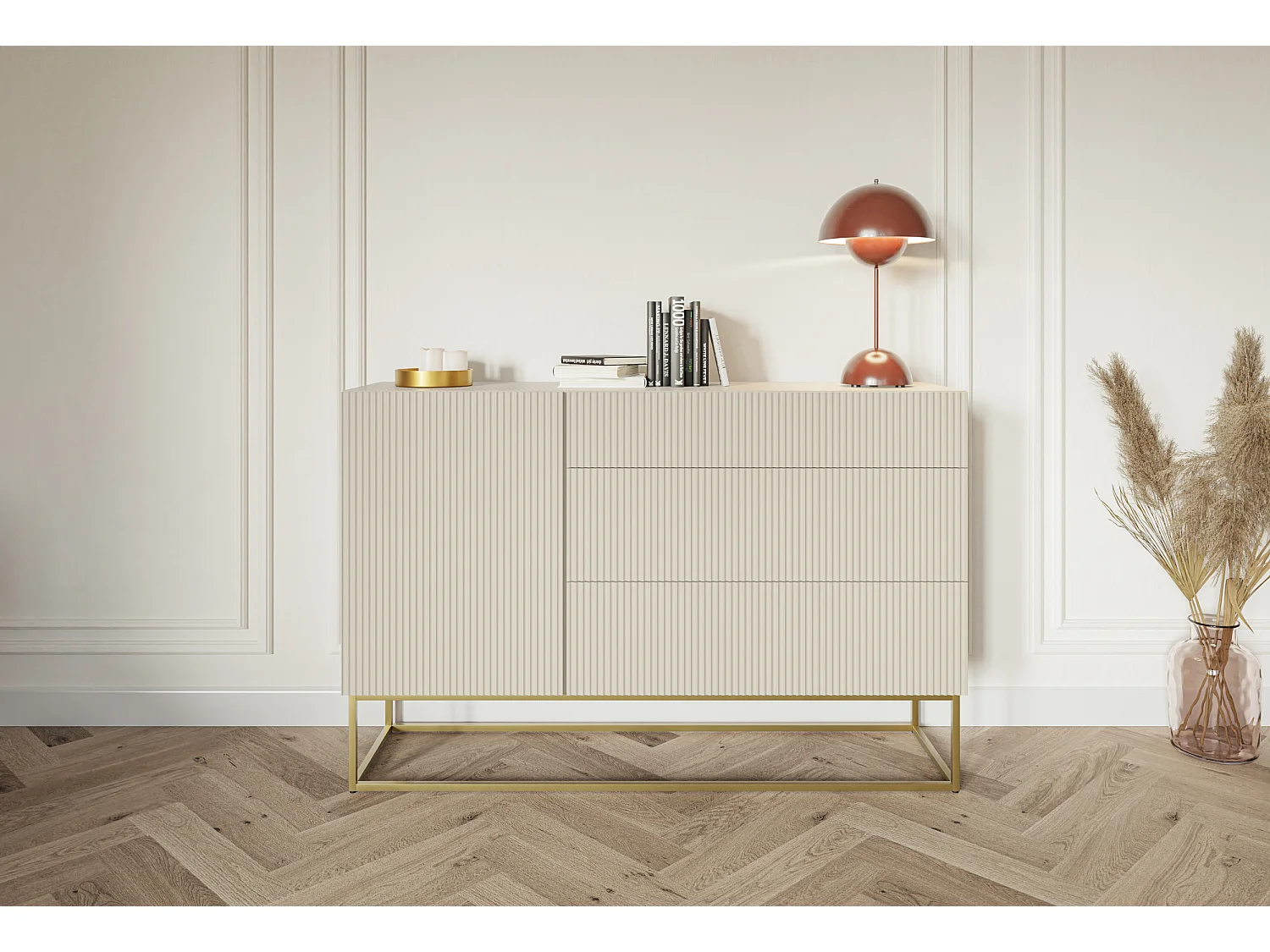 Sideboard Kommode mit 3 Schubladen - 140 cm - Taupe (Graubeige) mit goldenem Metallgestell - VELDIO