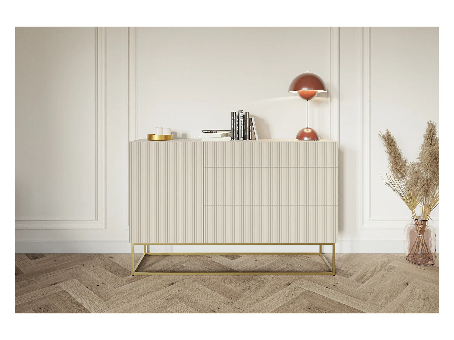 Buffet 1 porte - 3 tiroirs - taupe (gris-beige) - 140 cm - VELDIO