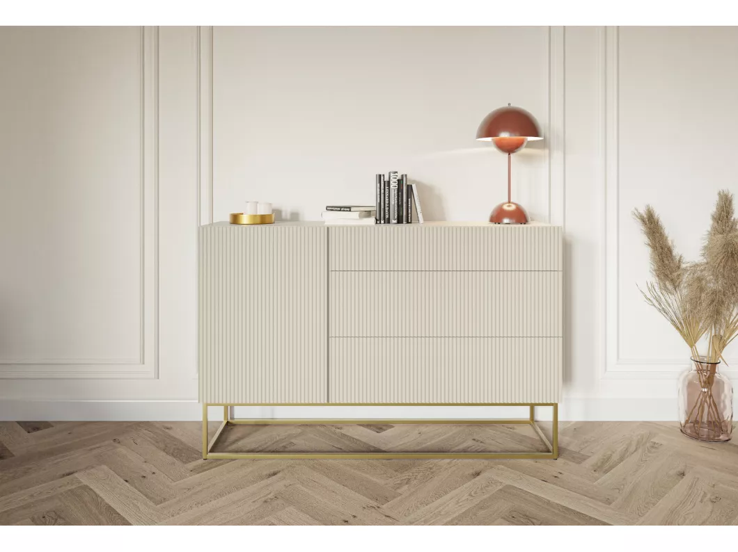 Kauf Unique Sideboard Kommode mit 3 Schubladen - 140 cm - Taupe (Graubeige) mit goldenem Metallgestell - VELDIO