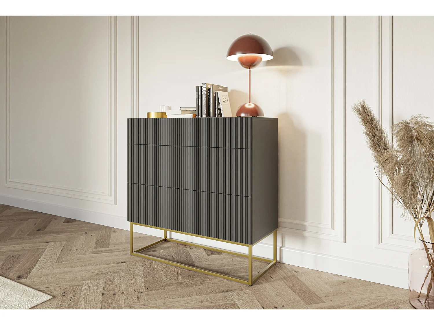 Kommode  mit 3 Schubladen - 90 cm - schwarz mit goldenem Metallgestell - VELDIO