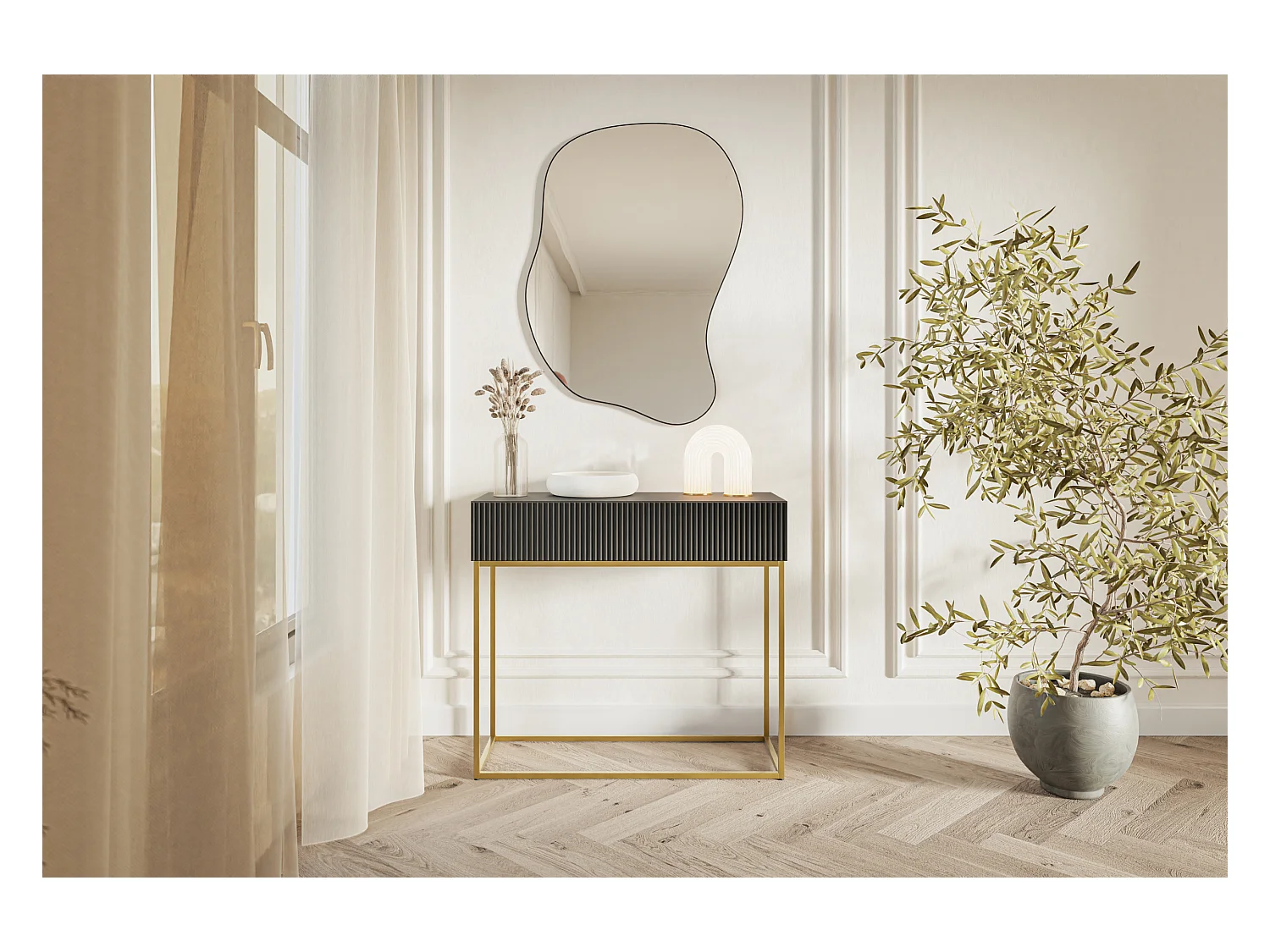 Table console - 90 cm - noir - pieds dorés - VELDIO