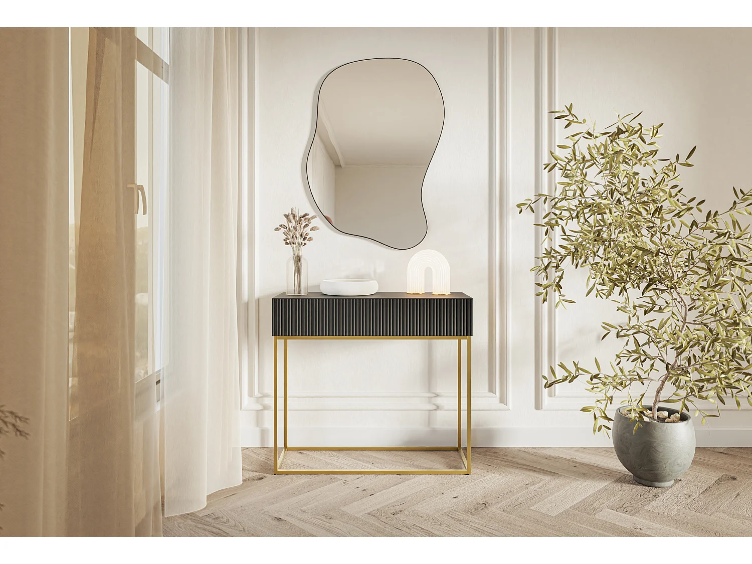 Consoletafel - 90 cm - zwart met gouden poten - VELDIO