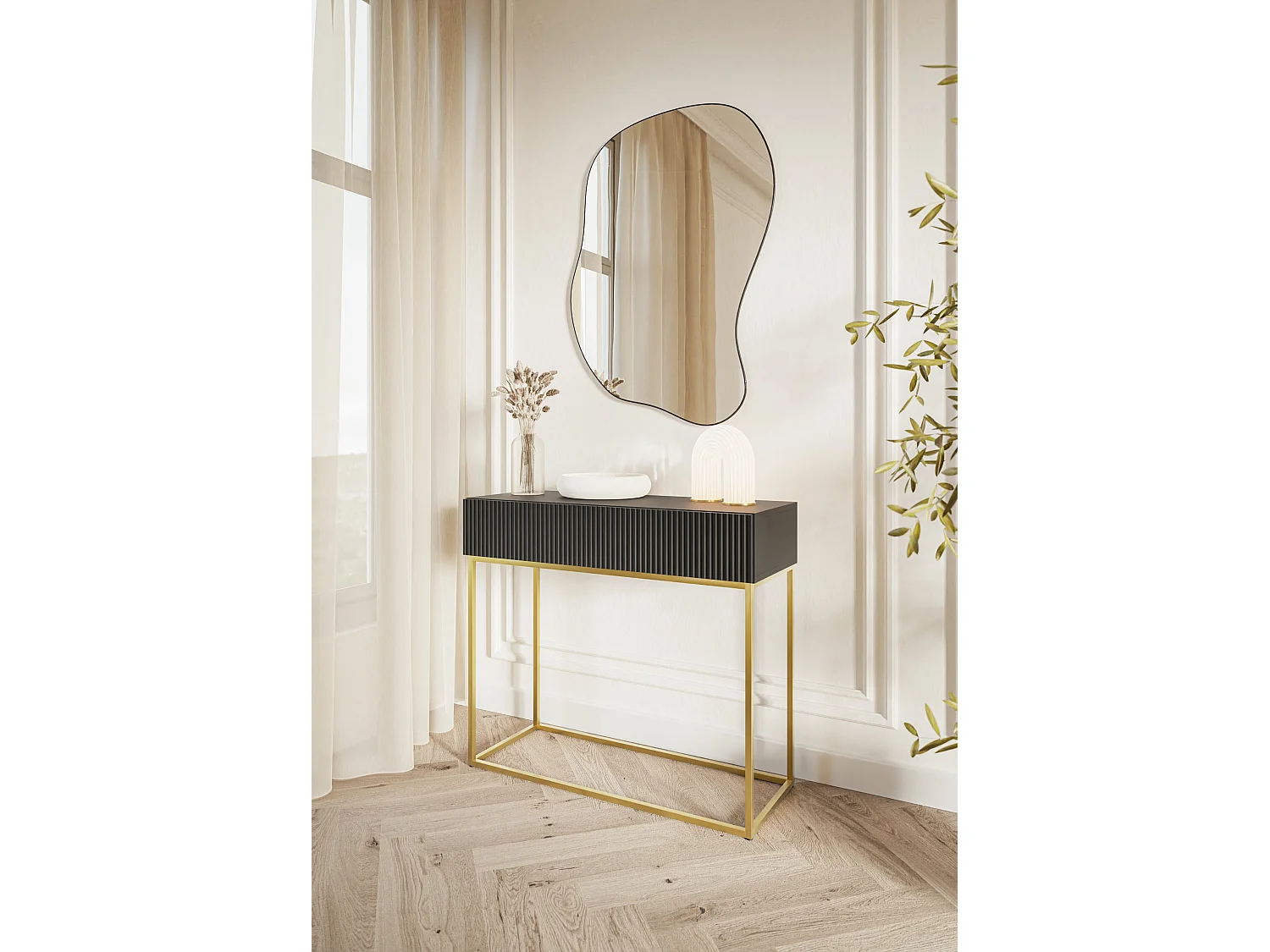 Table console - 90 cm - noir - pieds dorés - VELDIO