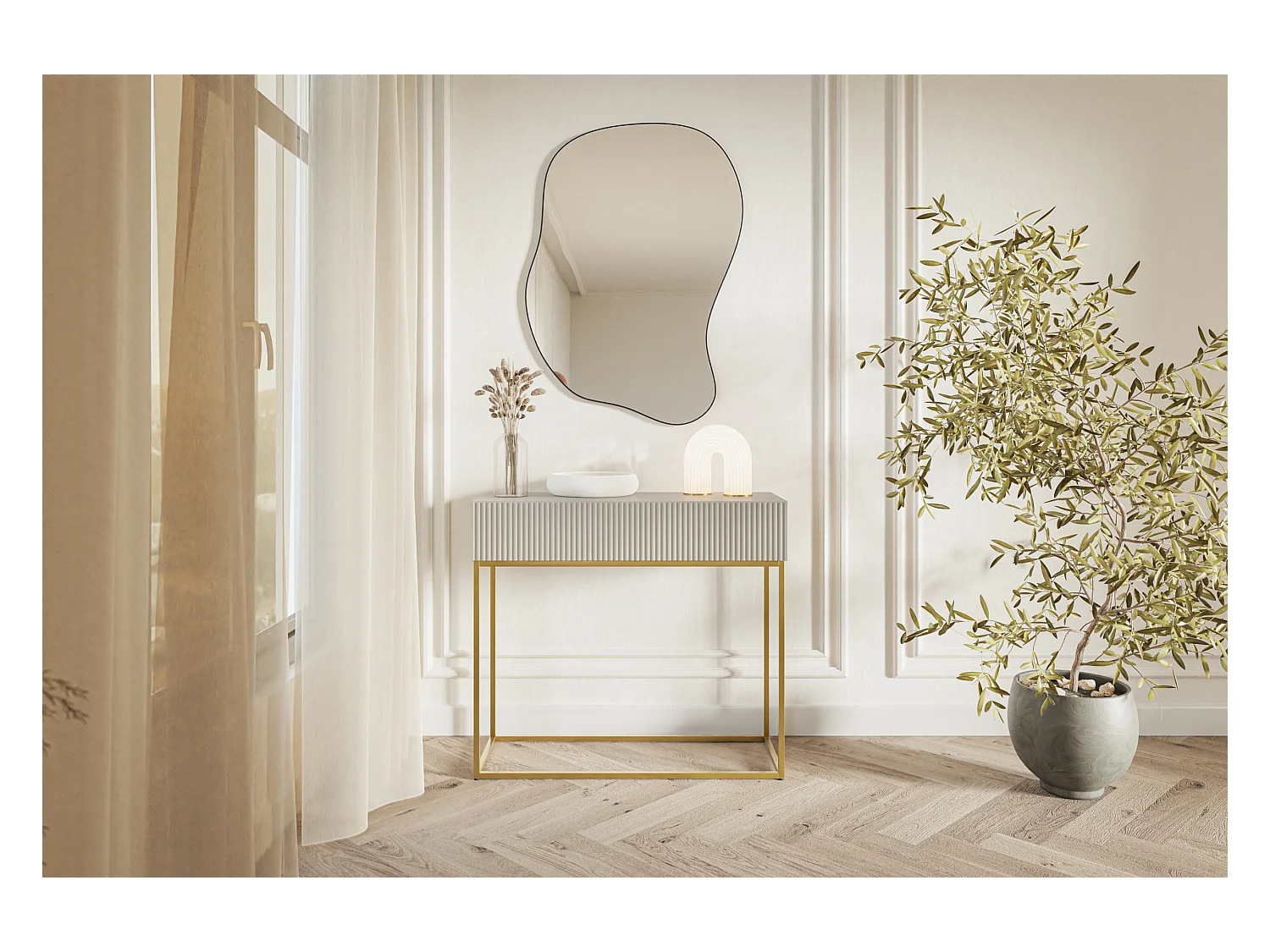 Table console - 90 cm - taupe (gris-beige) - pieds dorés - VELDIO