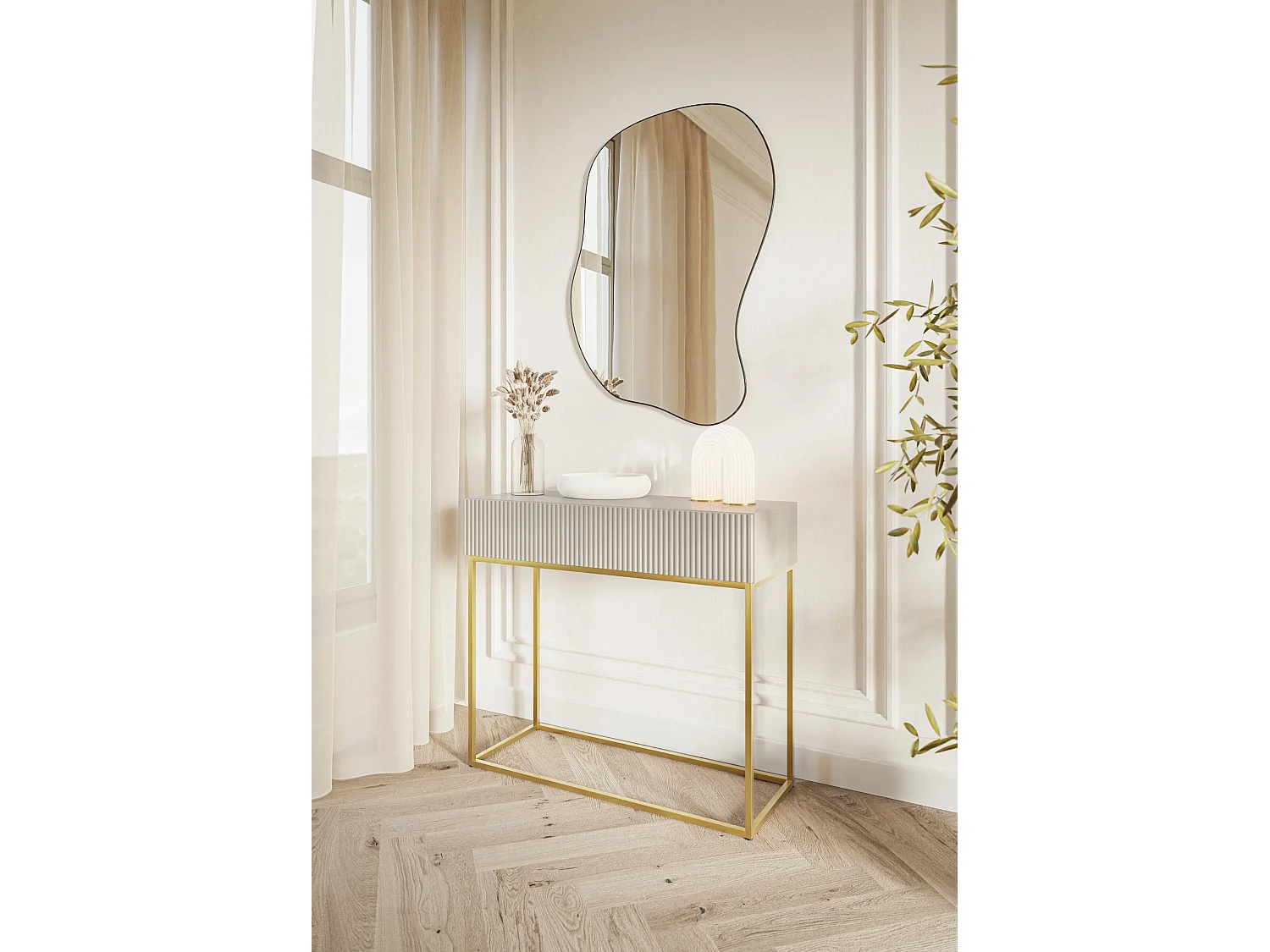 Consoletafel - 90 cm - taupe (grijsbeige) met gouden poten - VELDIO