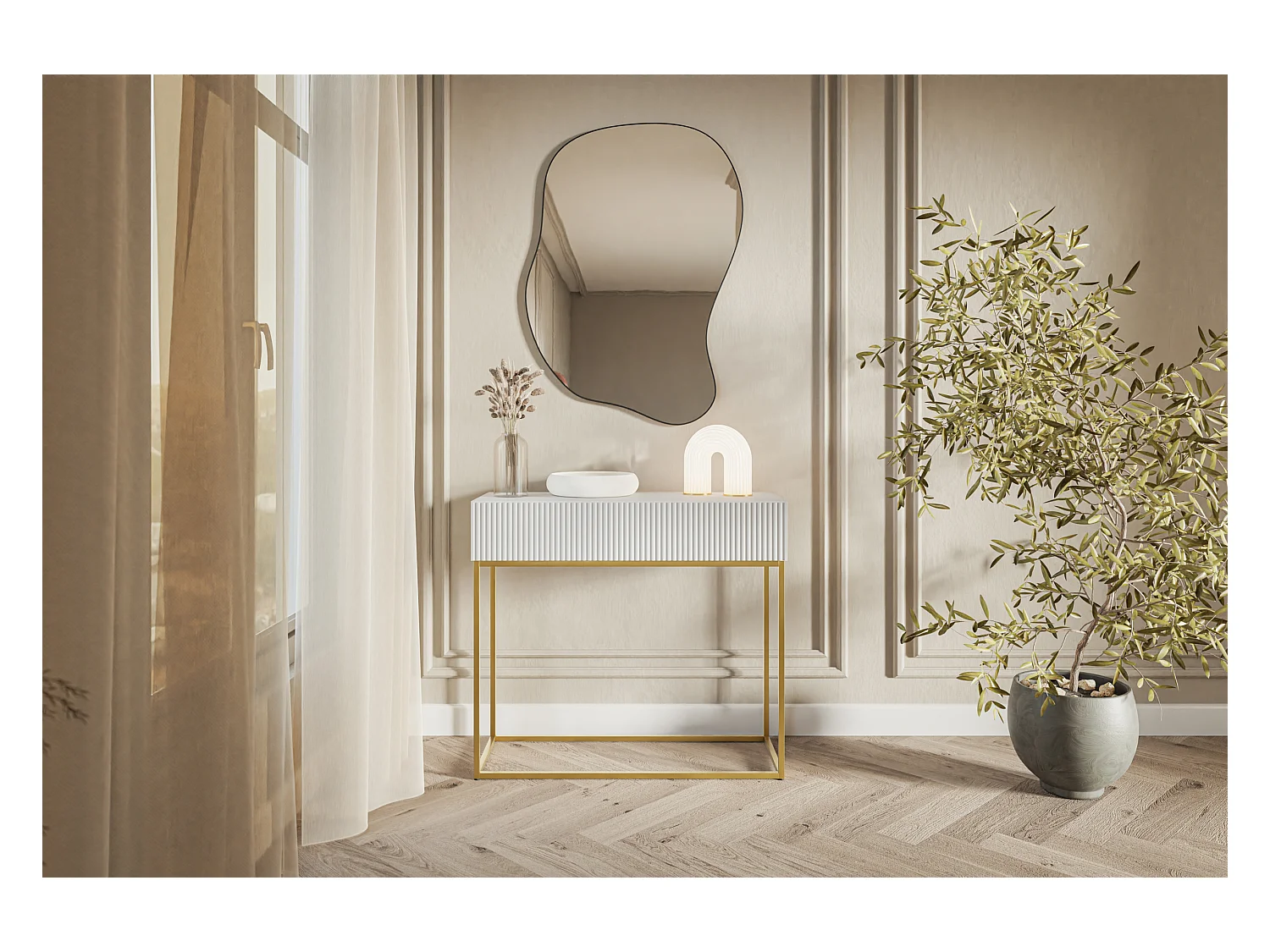 Table console - 90 cm - blanc - pieds dorés - VELDIO