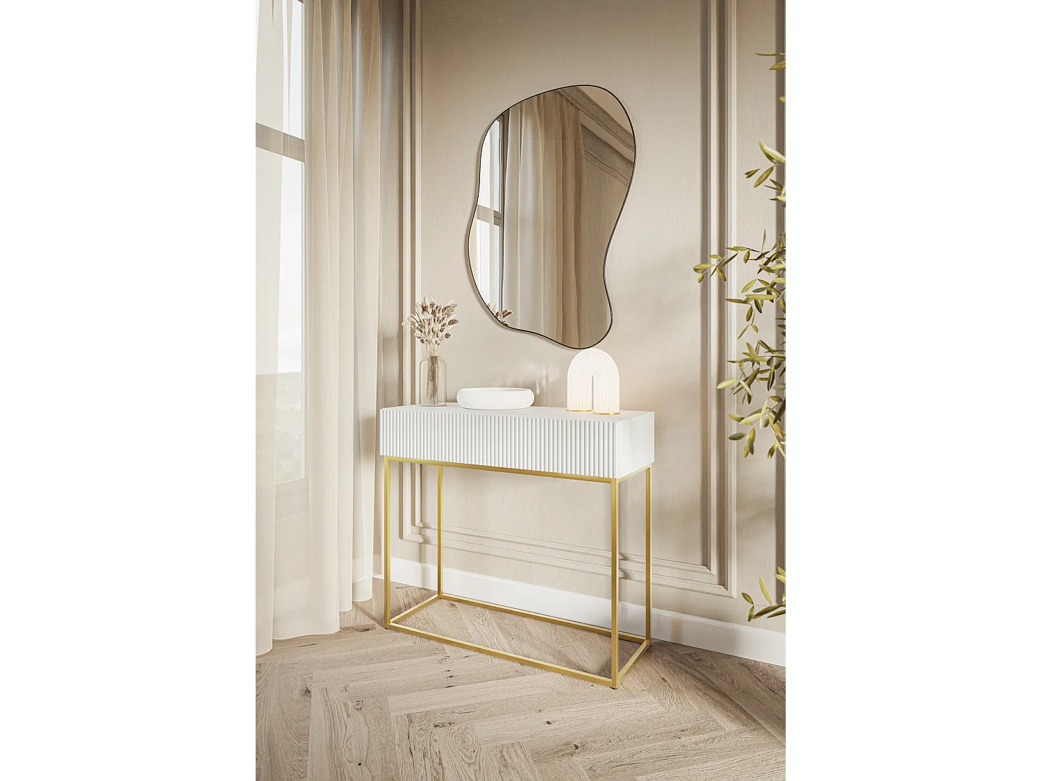 Consoletafel - 90 cm - wit met gouden poten - VELDIO