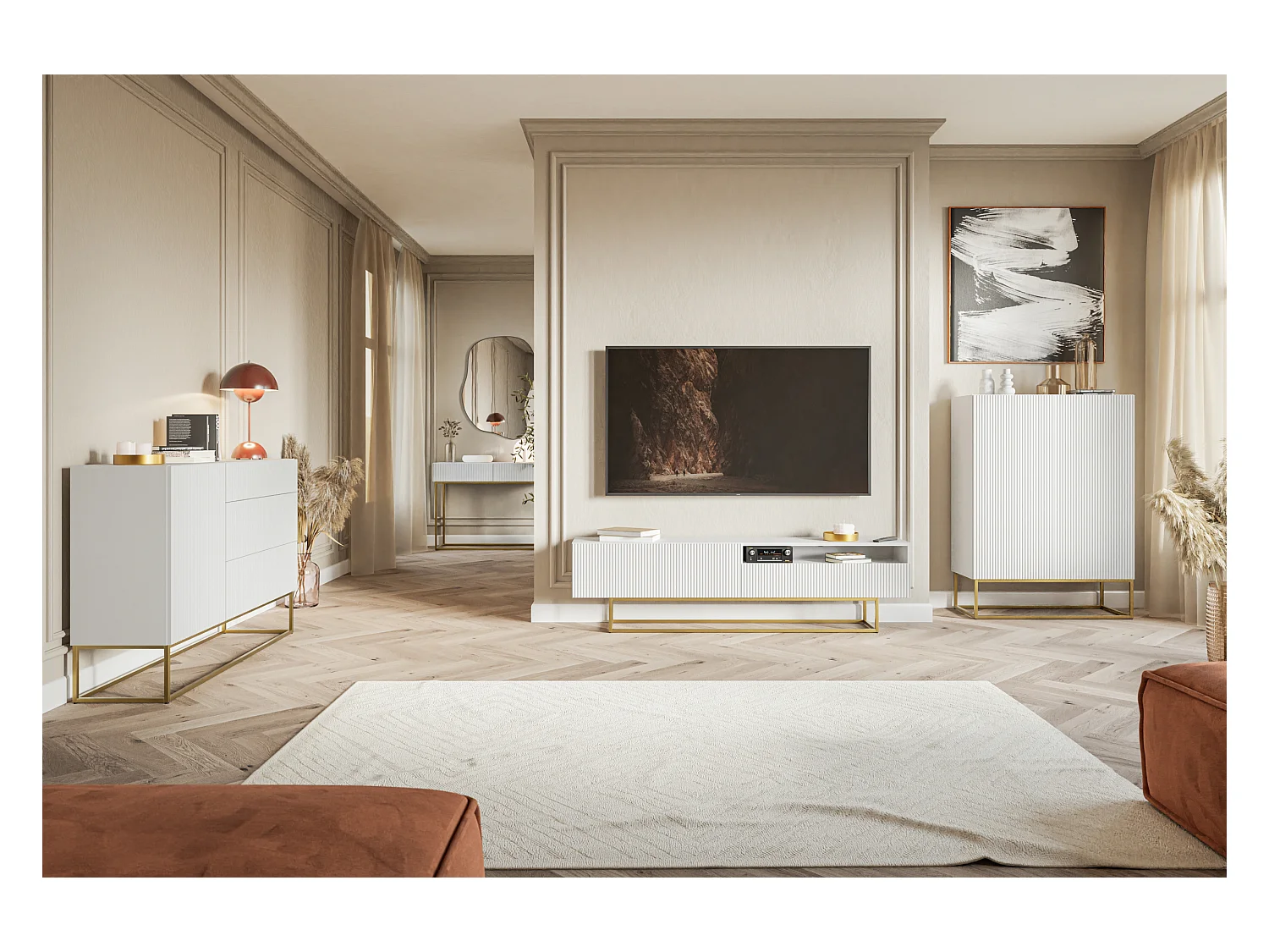 Tocador con dos cajones y patas de metal dorado - 110 cm - blanco - VELDIO