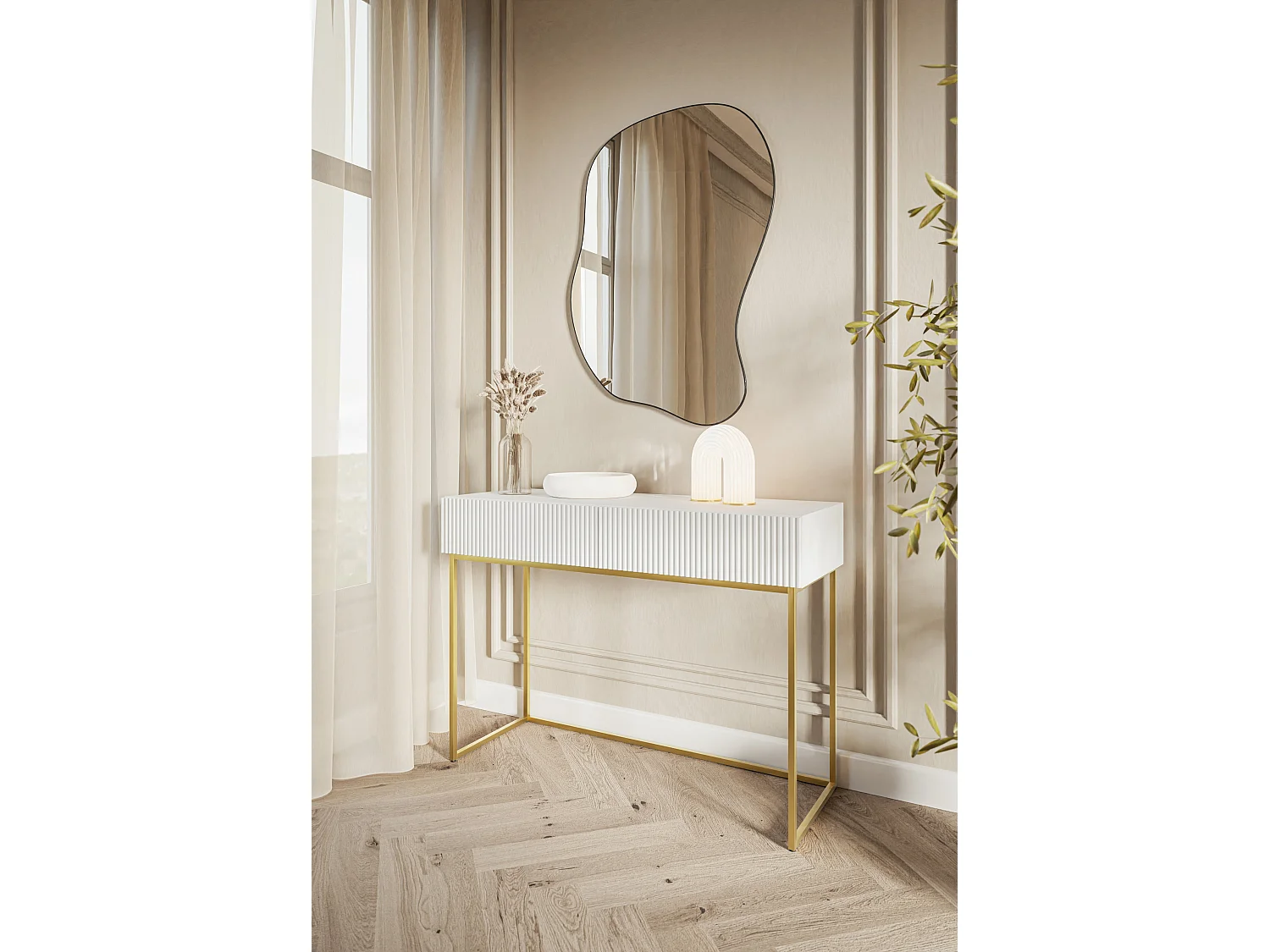 Coiffeuse - 110 cm - blanc avec pieds dorés - VELDIO