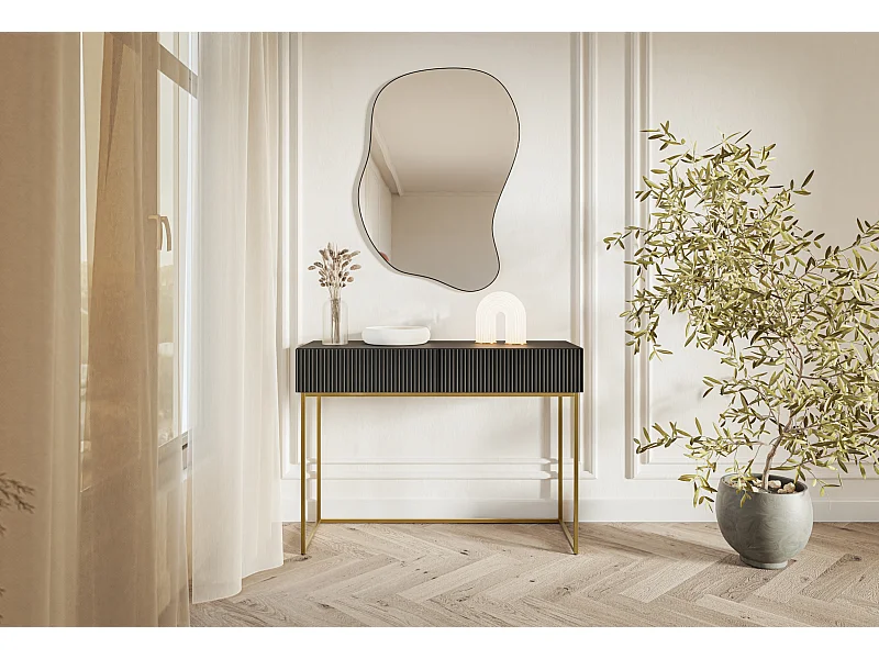 Tocador con dos cajones y patas de metal dorado - 110 cm - negro - VELDIO