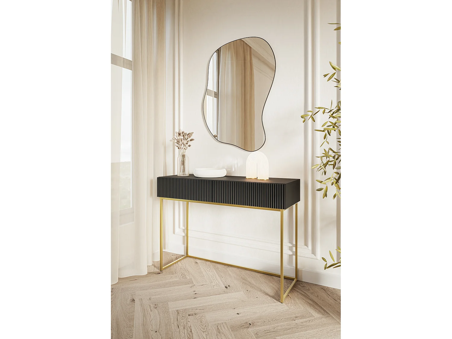 Tocador con dos cajones y patas de metal dorado - 110 cm - negro - VELDIO