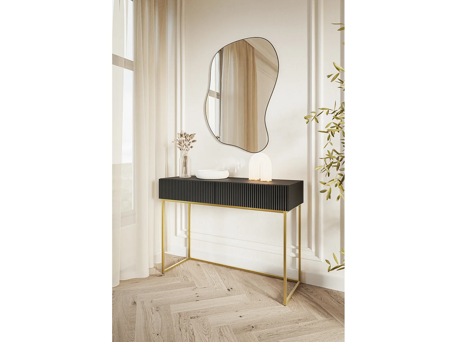 Schminktisch - 110 cm - schwarz mit goldenen Beinen - VELDIO