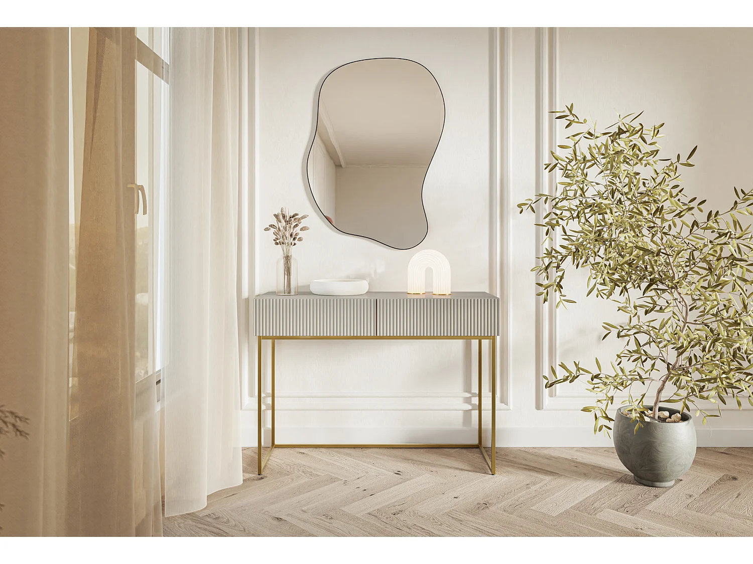 Coiffeuse - 110 cm - taupe (gris-beige) avec pieds dorés - VELDIO