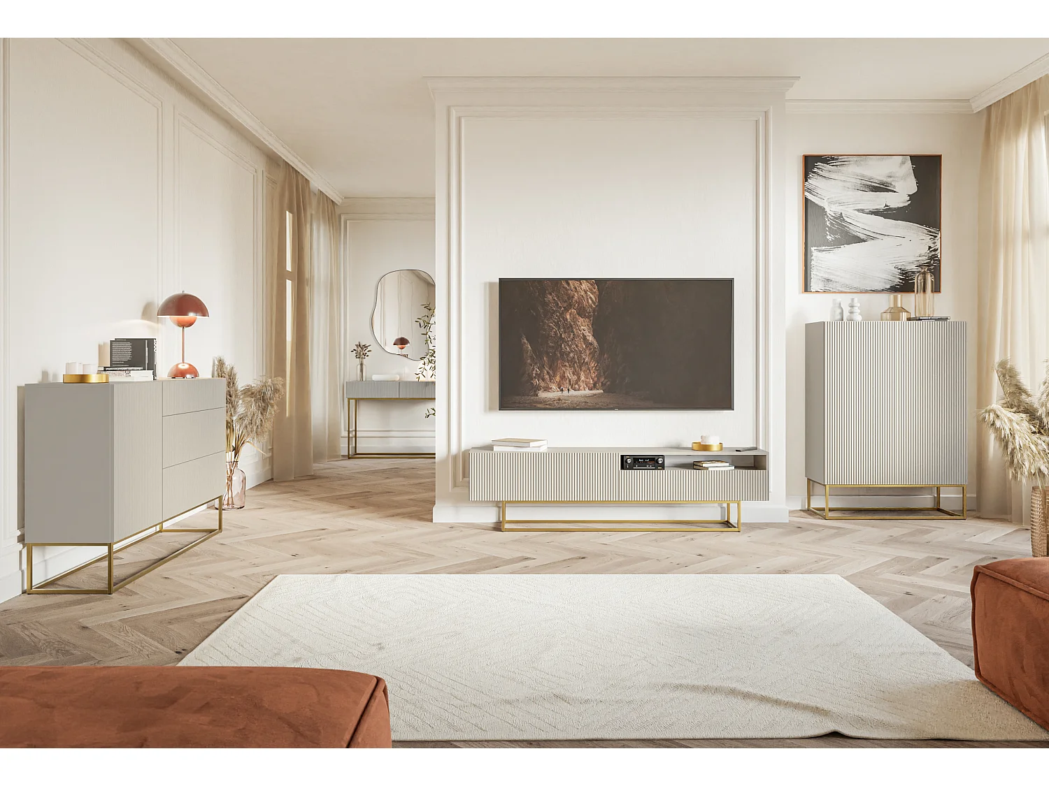 Coiffeuse - 110 cm - taupe (gris-beige) avec pieds dorés - VELDIO