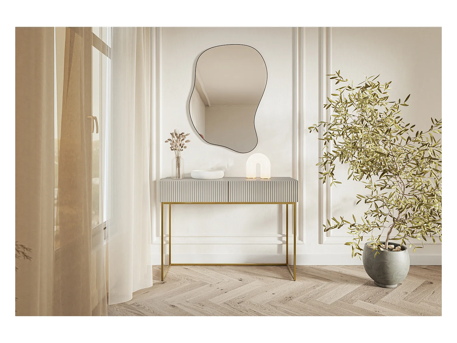 Coiffeuse - 110 cm - taupe (gris-beige) avec pieds dorés - VELDIO