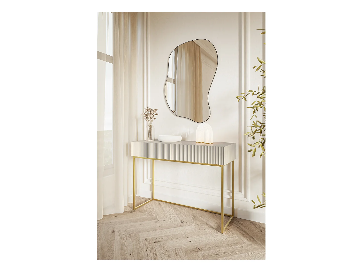 Tocador con dos cajones y patas de metal dorado - 110 cm - taupe (gris-beige) - VELDIO