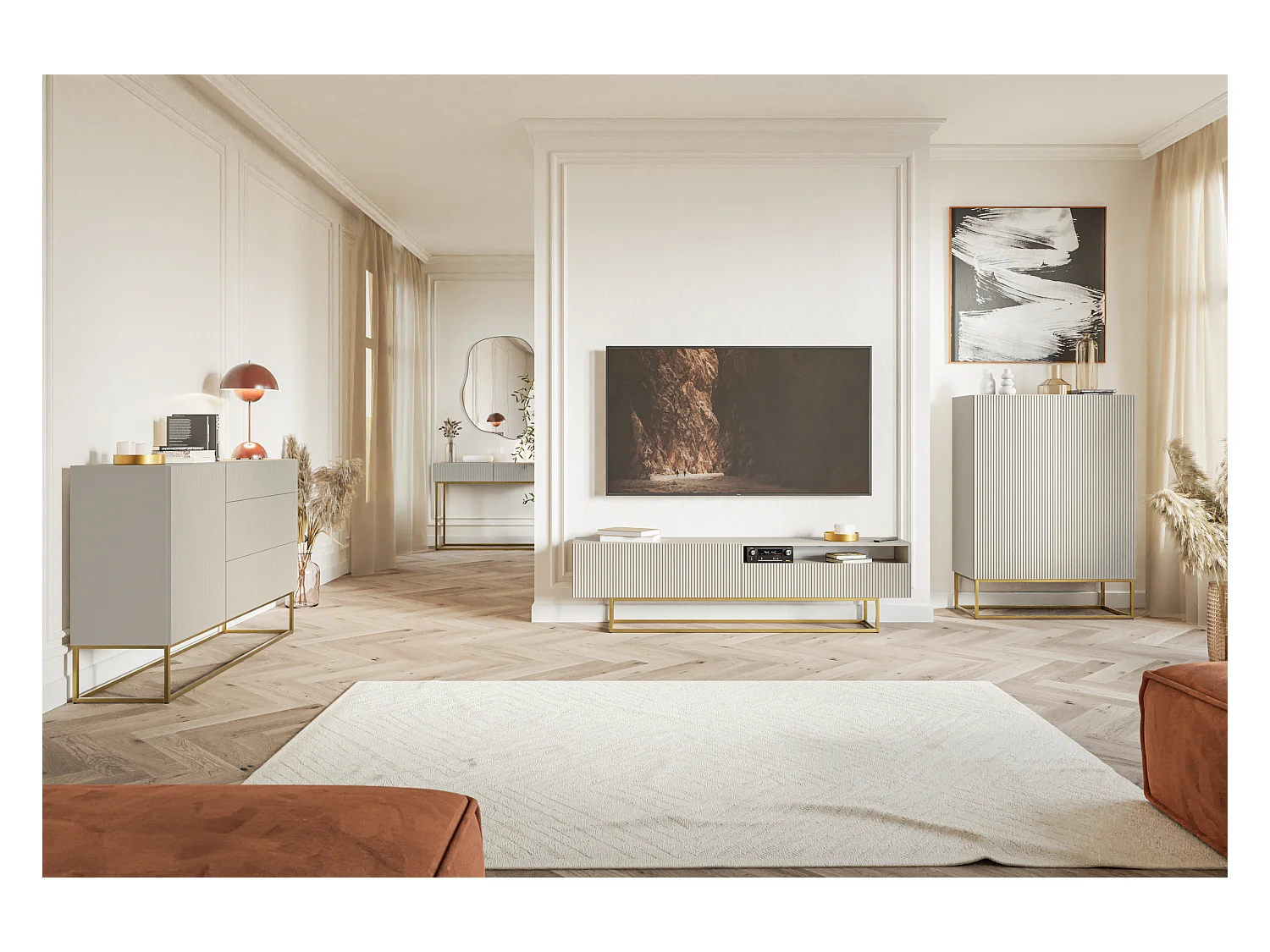 Tocador con dos cajones y patas de metal dorado - 110 cm - taupe (gris-beige) - VELDIO