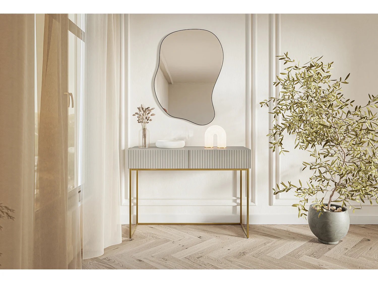 Schminktisch - 110 cm - Taupe (Grau-Beige) mit goldenen Beinen - VELDIO