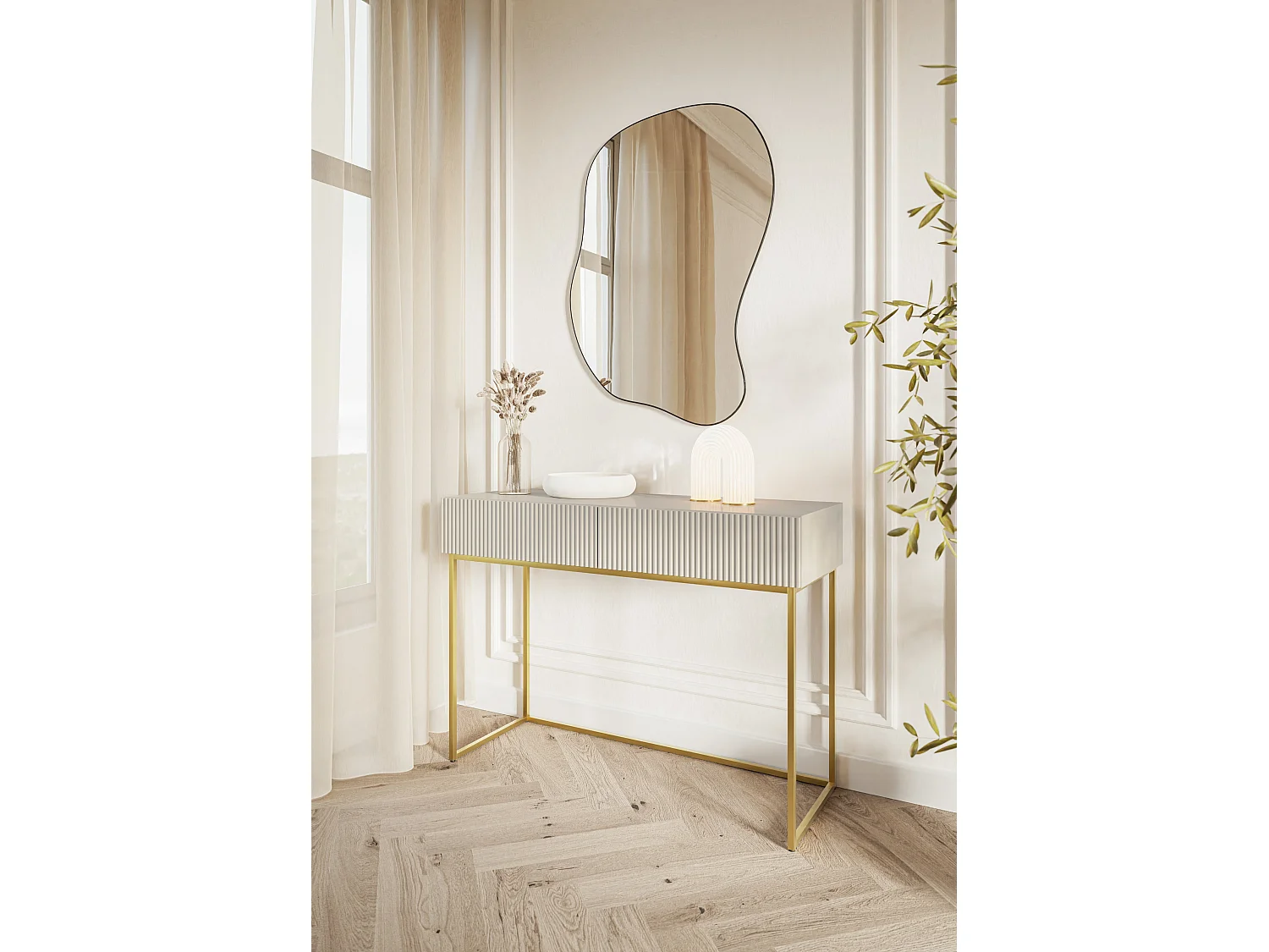 Coiffeuse - 110 cm - taupe (gris-beige) avec pieds dorés - VELDIO