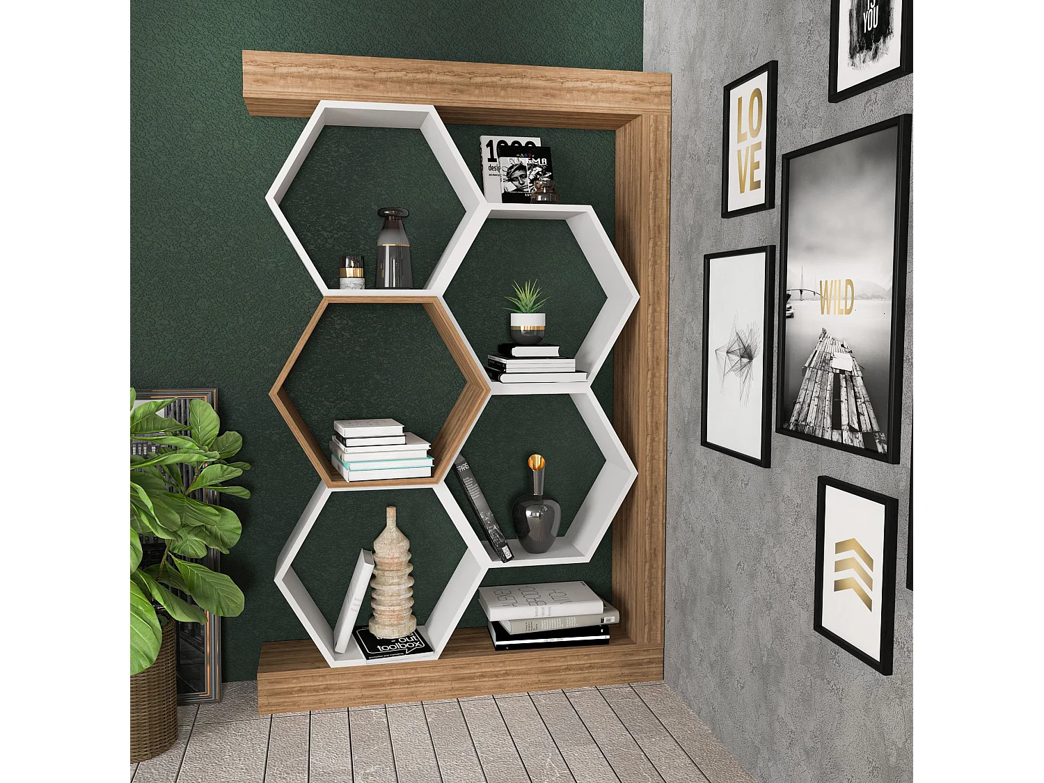 Estantería moderna en blanco y nogal, 90 x 24,6 x 140 cm | Tablero de partículas 100% melaminado, 18 mm de grosor | Almacenamiento con estil