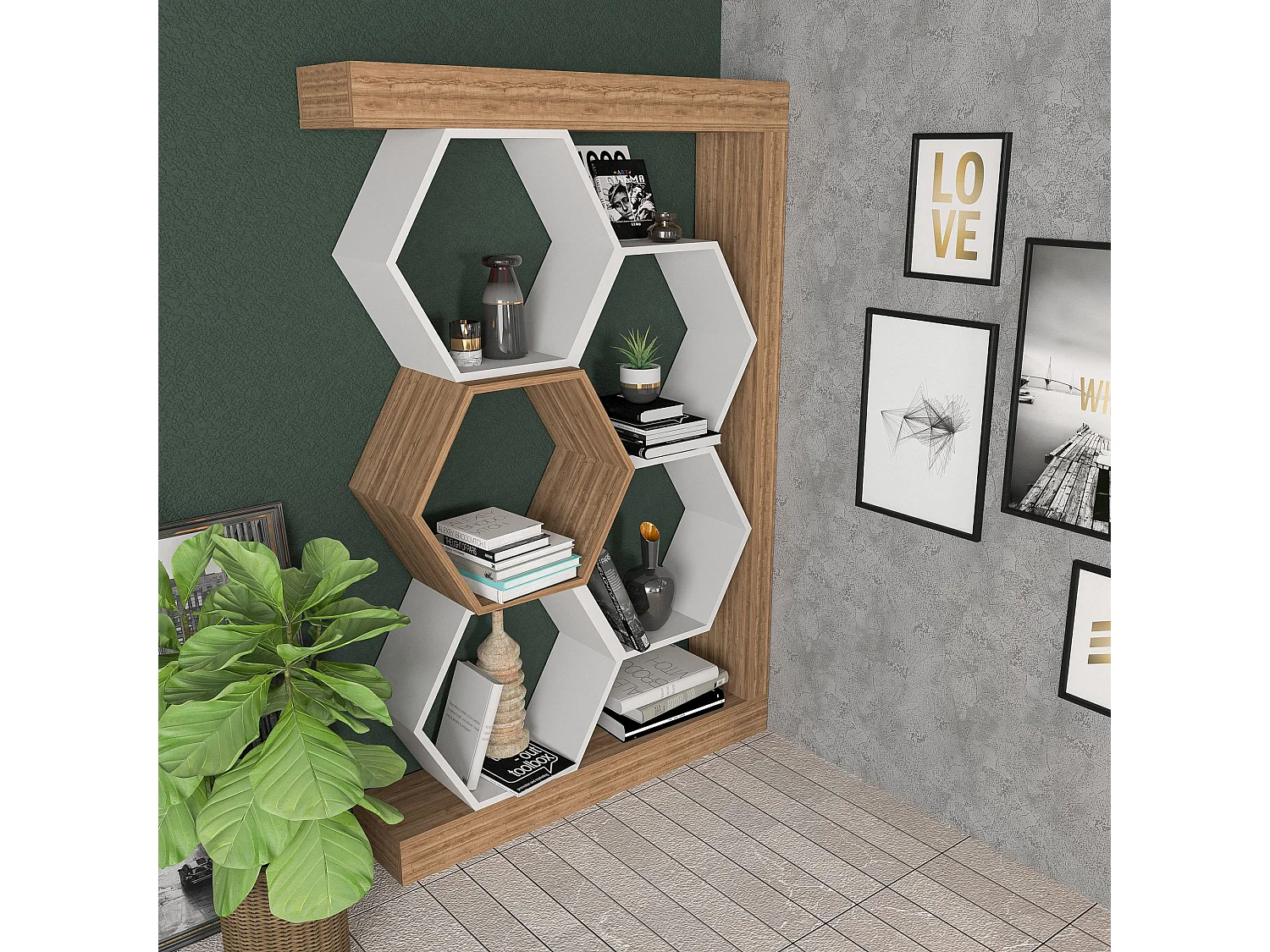 Estantería moderna en blanco y nogal, 90 x 24,6 x 140 cm | Tablero de partículas 100% melaminado, 18 mm de grosor | Almacenamiento con estil