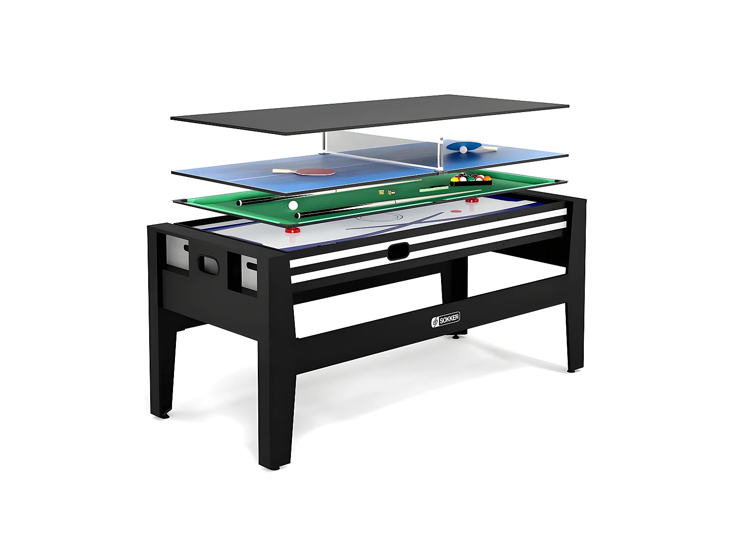 Table multi jeux 4 en 1 GLADIATEUR Air Hockey, Billard, Ping Pong, Plateau - avec Accessoires