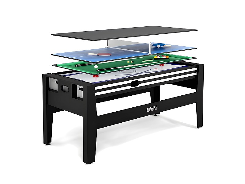Table Multijeux 3 En 1 – Air Hockey, Bowling Et Shuffleboard – Avec Ventilateur 12V – 130x61x78 Cm
