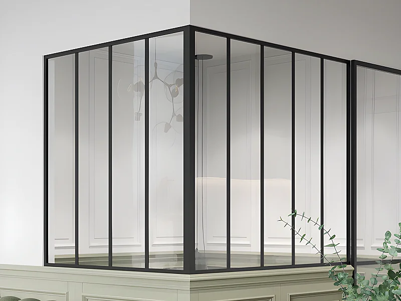 Glaswand Ecklösung - 150 x 120 x 130 cm - thermolackiertes Aluminium - Schwarz - BAYVIEW