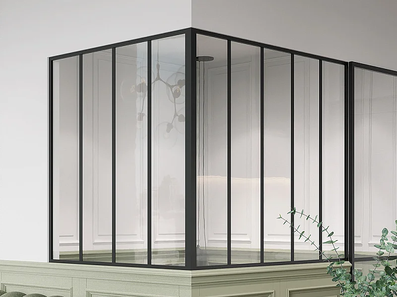 Glaswand Ecklösung - 150 x 120 x 130 cm - thermolackiertes Aluminium - Schwarz - BAYVIEW