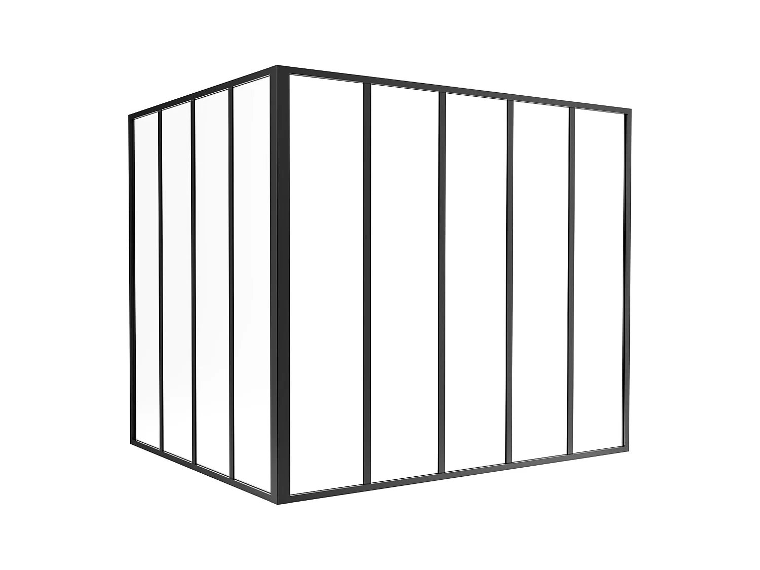 Glazen hoekbinnenraam van gepoedercoat aluminium – L150 x L120 x H130 – Zwart – BAYVIEW