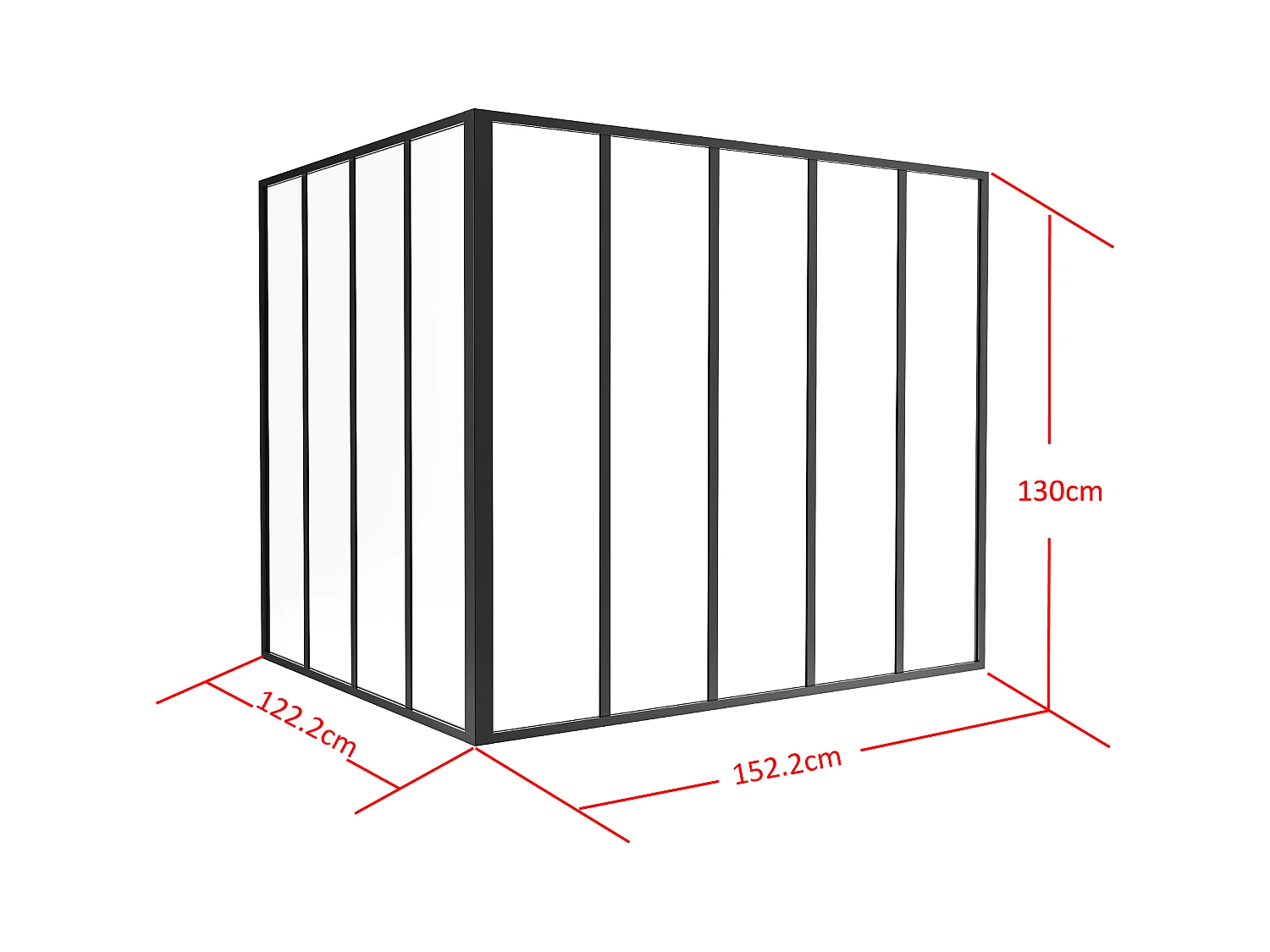 Glazen hoekbinnenraam van gepoedercoat aluminium – L150 x L120 x H130 – Zwart – BAYVIEW